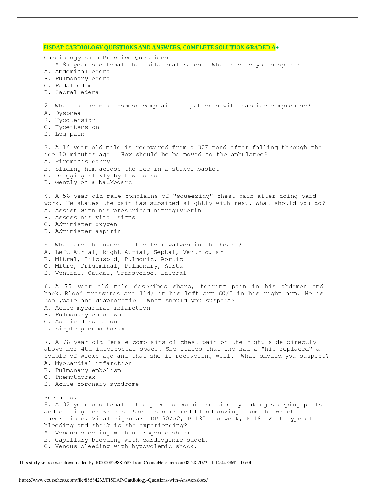 Preview image for FISDAP CARDIOLOGY QUESTIONS AND ANSWERS, COMPLETE SOLUTION GRADED A+